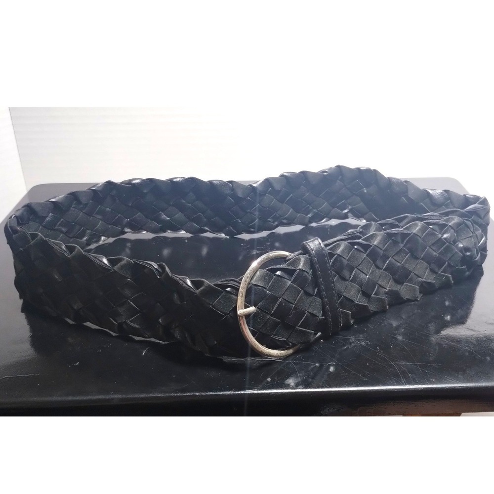 Black Woven Braided Wide Cinch Belt Silver Round Buckle Size 36 Inch Length